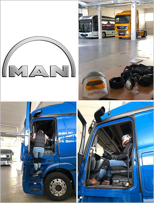 Mit einem Alterssimulationsanzug werden LKW getestet